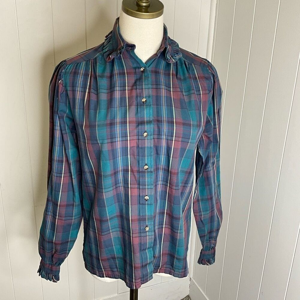 Lands End Womens 4 Button Front Shirt Blue Burgundy Plaid Long Sleeves Ruffles